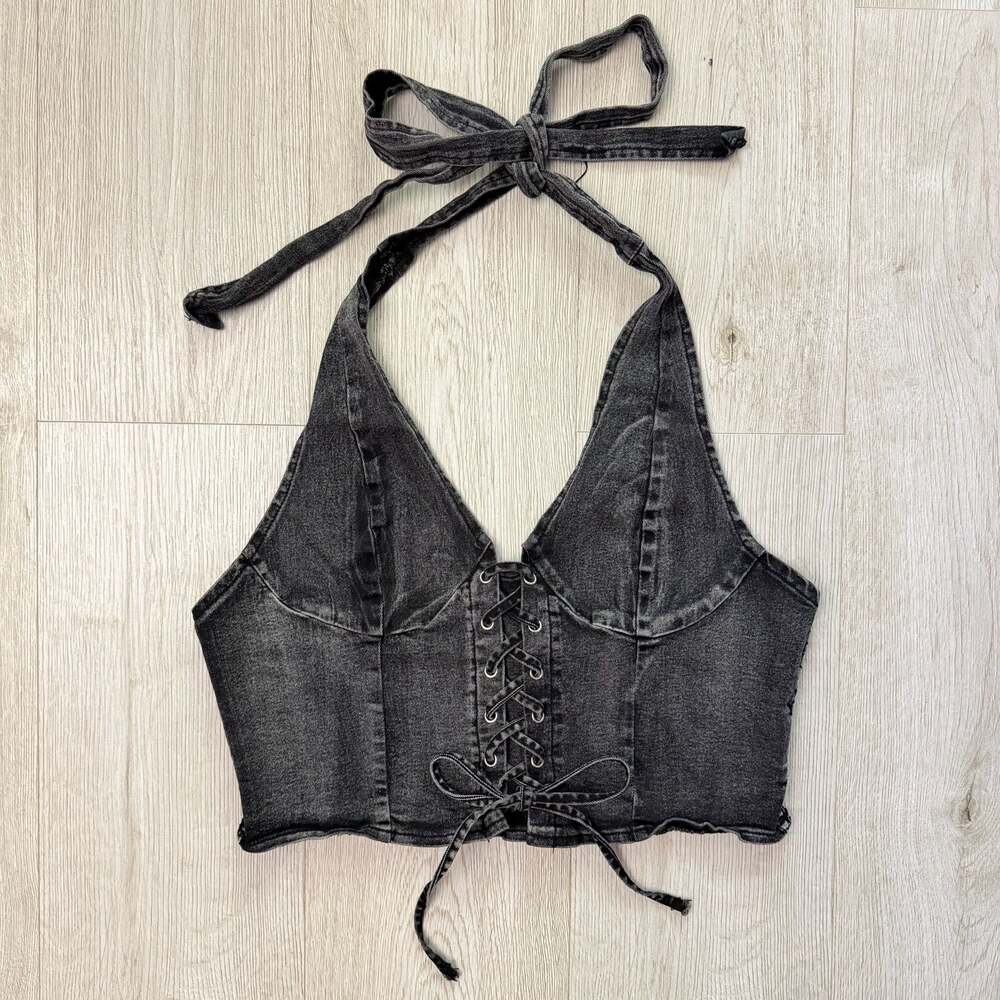 Washed Black Denim Lace-Up Halter Crop Top